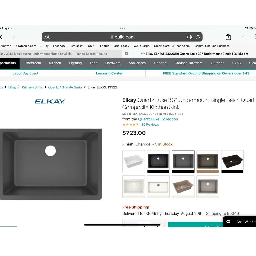 NEW Elkay Quartz Luxe 33" Undermount Single Bowl Quartz Composite Kitchen Sink